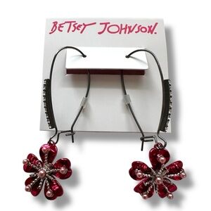 Betsey Johnson Fuchsia Flower Faux Pearl/Pave Accent Gunmetal Dangle Earrings